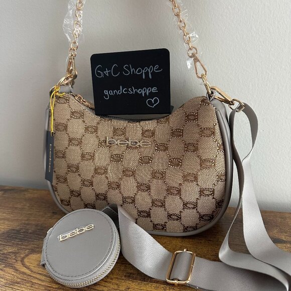 New Bebe Brown Grey Shoulder Bag Crossbody Gold Chain Pouch Sparkly Rhinestones - Picture 1 of 6
